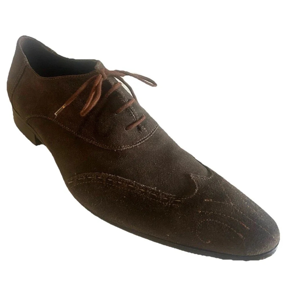 Purouomo Italian Mens EU 45 Suede Brown Wingtip Pointed Toe Dress Shoes Italy